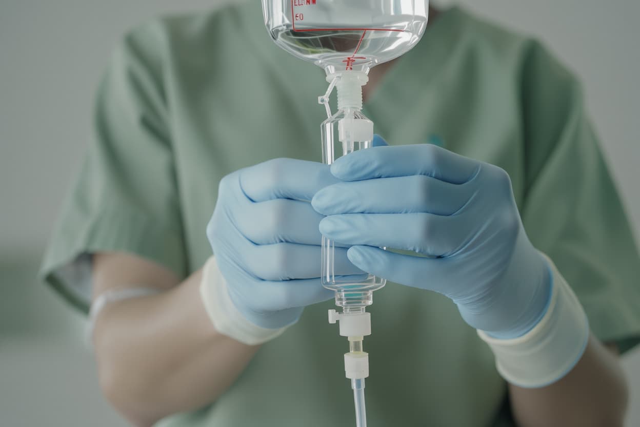 A nurse's gloved hands adjusting a clear IV drip chamber.