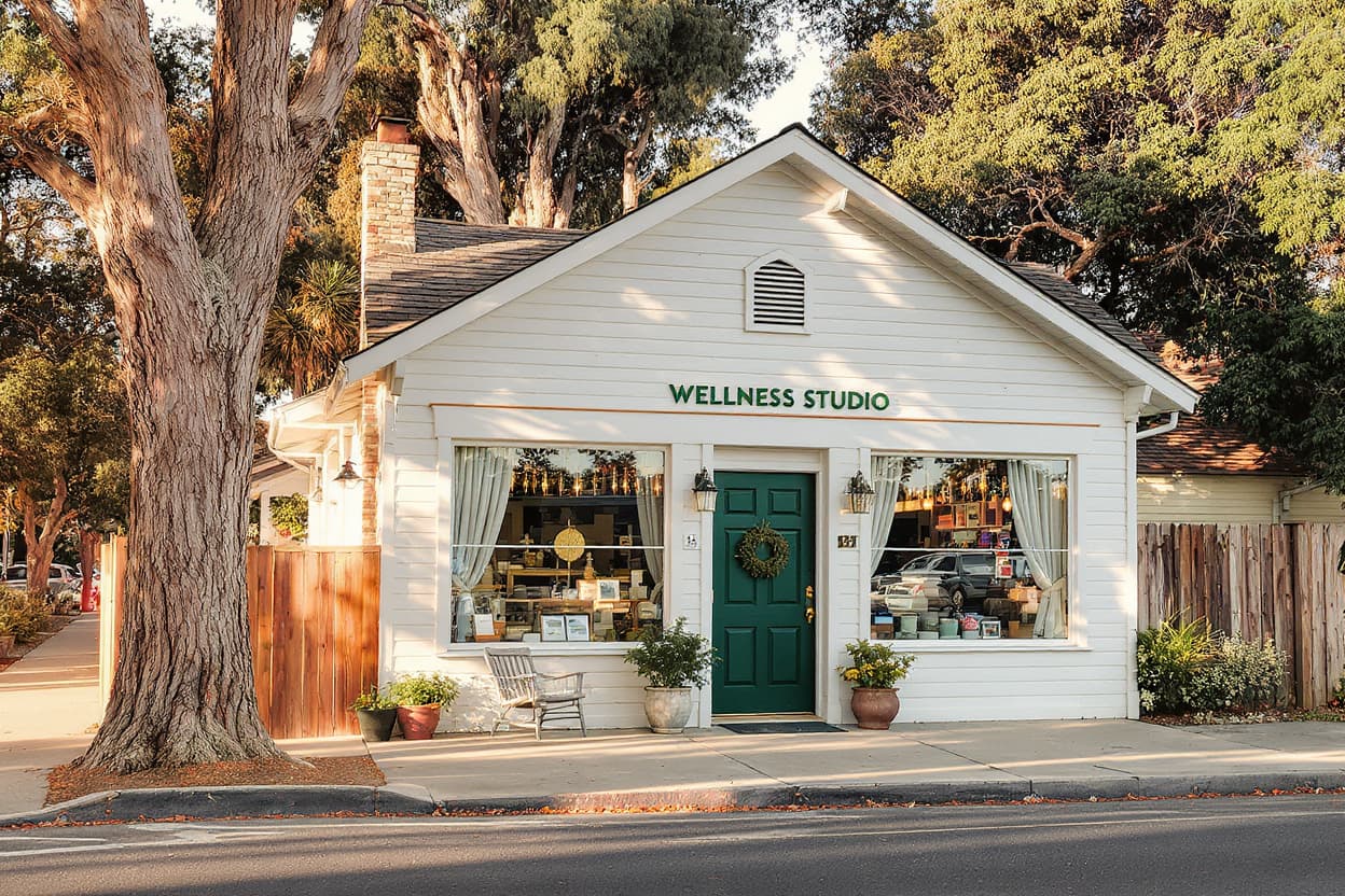 The white storefront of the Pillurrie studio with a deep green door on a tree-lined street.