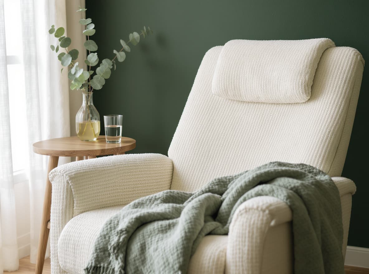 A heated recliner with a folded sage blanket and a glass of water on a small oak table.