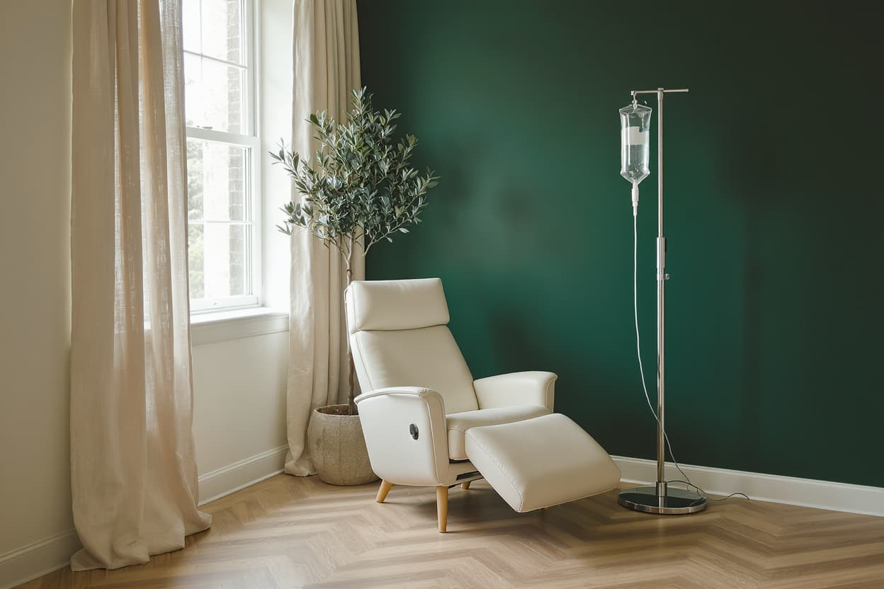 A cream recliner beside a tall window in the Pillurrie studio, with an IV pole and a potted olive tree.